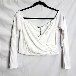 Women's White Ribbed Long-Sleeve Wrap Top